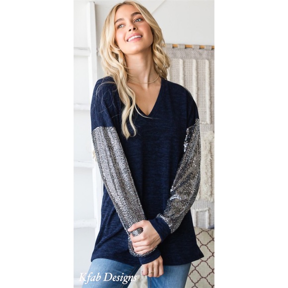 ❤️LAST! V Neck Midnight Blue Super Soft Sequin Sleeve Top! - Picture 5 of 16